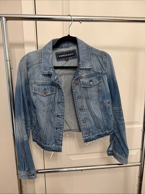 Express Light Blue Distressed Cropped Denim Jacket